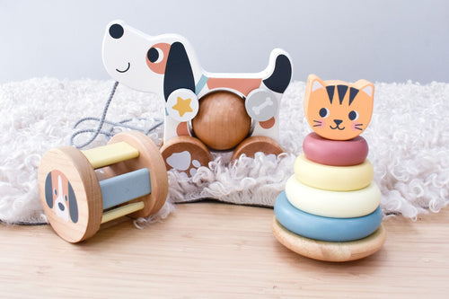 3 In 1 Wooden Baby Rattle Gift Set From Tooky Toy Cat And Puppy Dog Pull Along Toy Pack