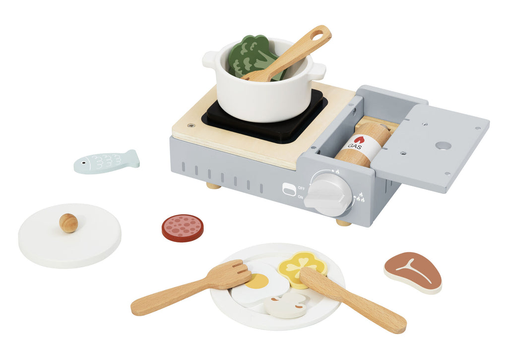 Wooden Camping Stove Set For Kids With Turnable Knob And Gas Canister Realistic Pretend Play Kitchen Toy