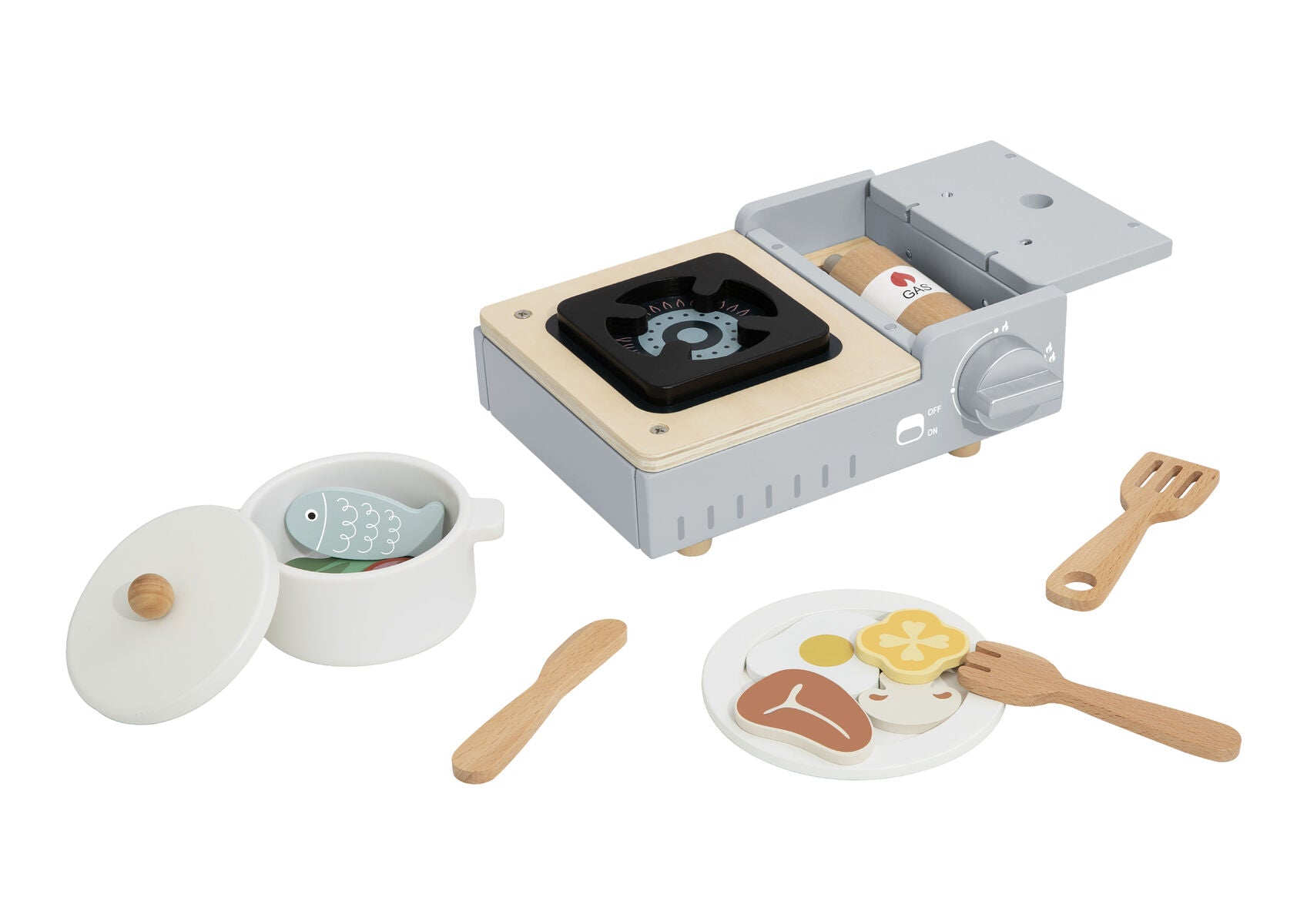 Wooden Camping Stove Set For Kids With Turnable Knob And Gas Canister Realistic Pretend Play Kitchen Toy