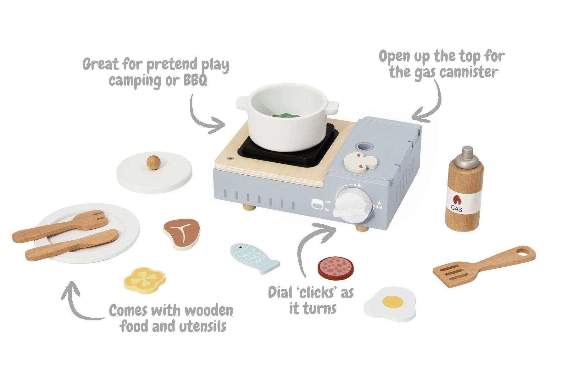 Wooden Camping Stove Set For Kids With Turnable Knob And Gas Canister Realistic Pretend Play Kitchen Toy