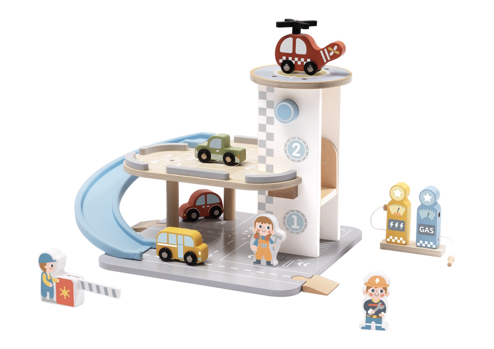 Wooden Parking Garage Playset By Tooky Toy With Multi Level Ramp And Gas And Electric Charging Stations