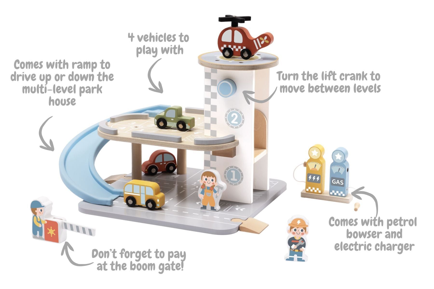 Wooden Parking Garage Playset By Tooky Toy With Multi Level Ramp And Gas And Electric Charging Stations