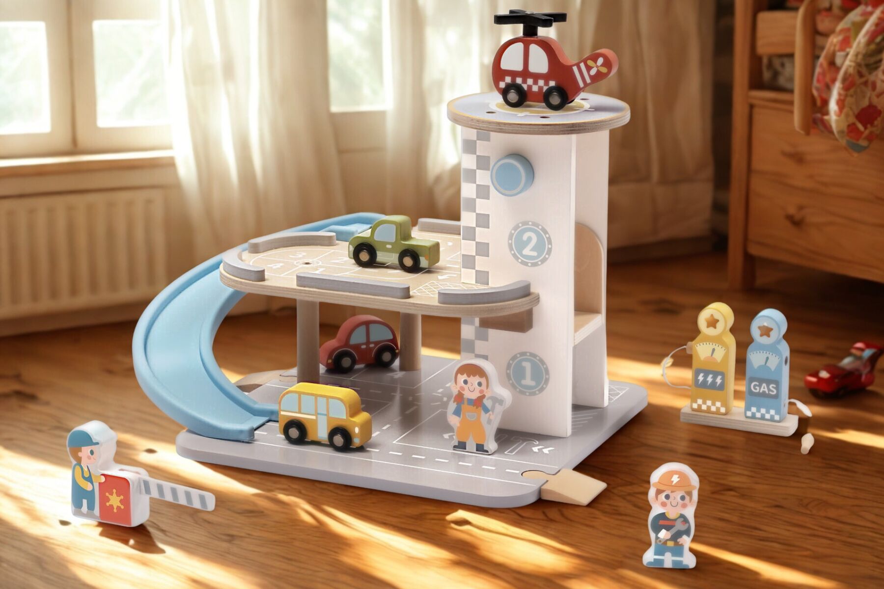 Wooden Parking Garage Playset By Tooky Toy With Multi Level Ramp And Gas And Electric Charging Stations