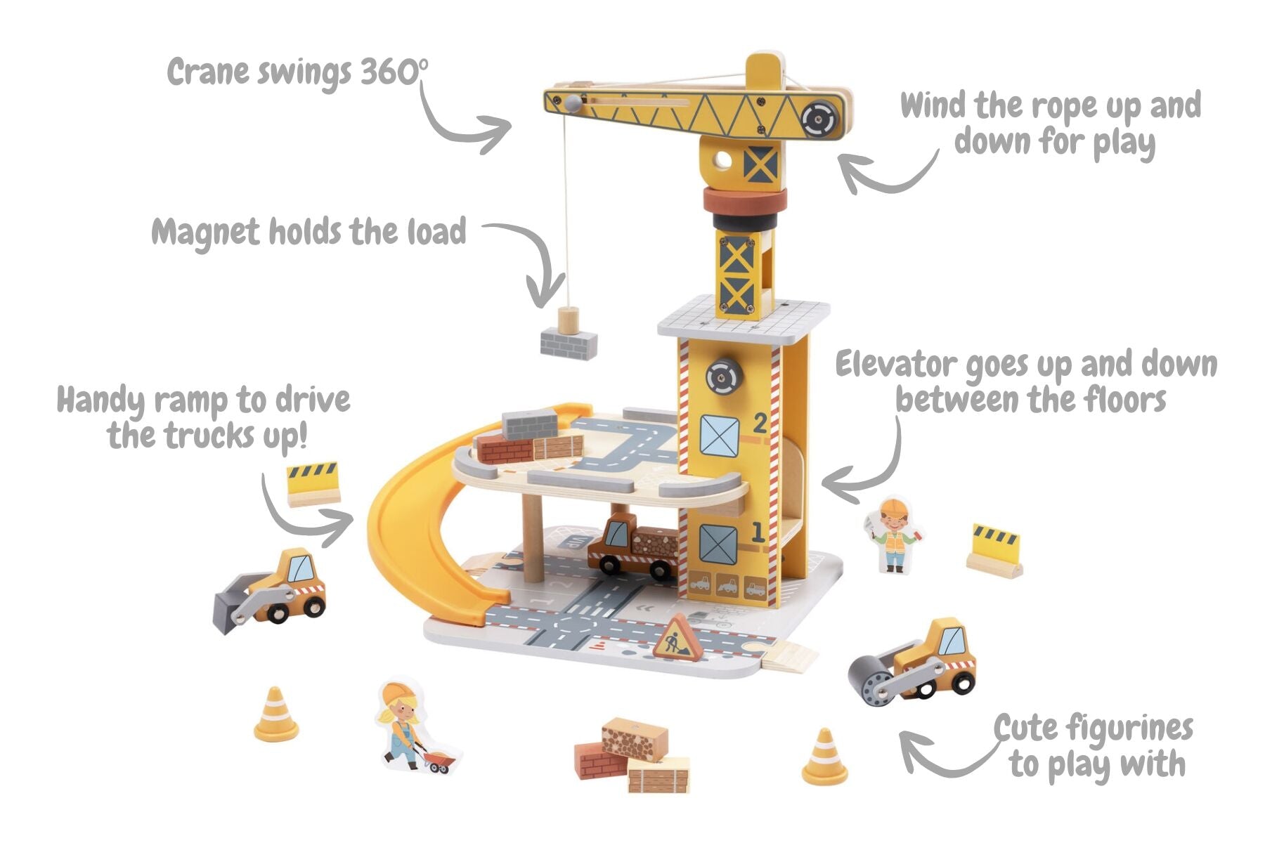 Port Crane Set By Tooky Toy For Kids With Working Crane Three Construction Trucks And Worker Figurines