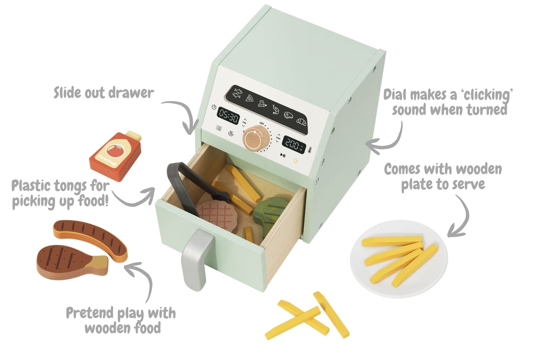 Tooky Toy Air Fryer Playset for Kids Pretend Cooking Drawer Dial Plate of Crispy Chips