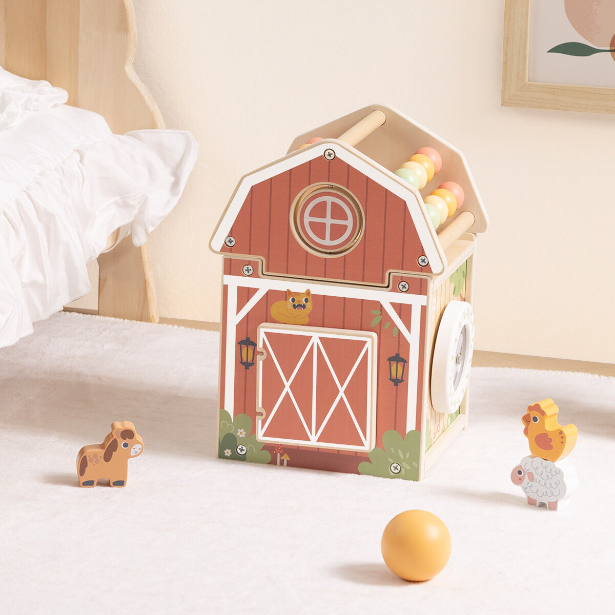 Wooden Farm Play House An Interactive Barn With Two Sections Abacus Bead Counter And Spinning Feature