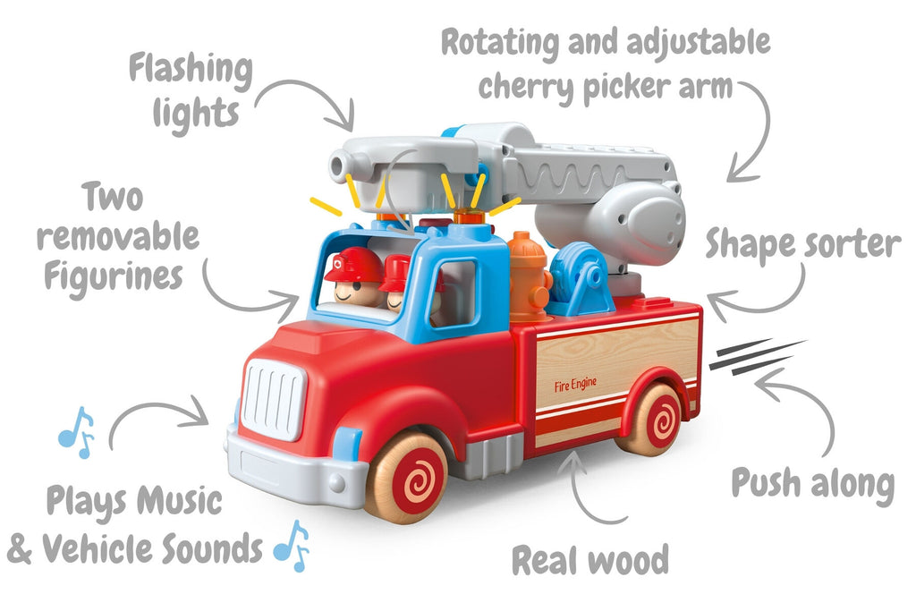 Wooden Fire Engine Toy With Sound And Light For Kids Red And Blue Fire Truck Playset