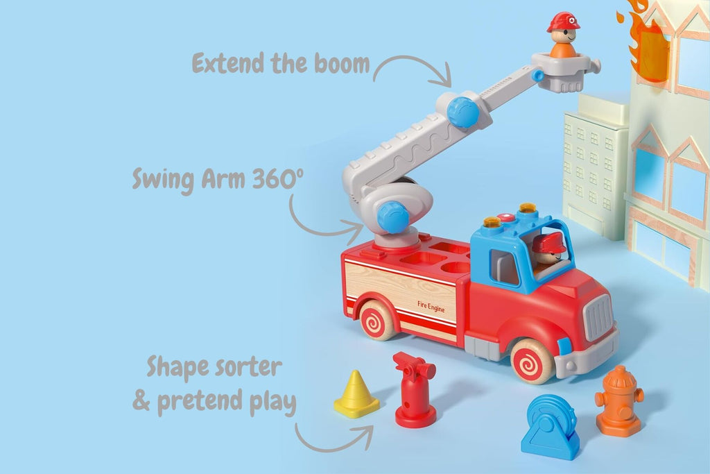 Wooden Fire Engine Toy With Sound And Light For Kids Red And Blue Fire Truck Playset