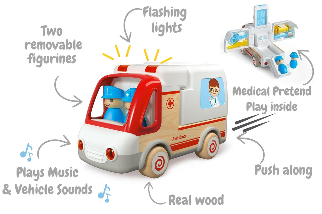 Wooden Ambulance and Accessories With Sound and Light Playset for Kids Durable ABS Wood Construction Wanborns