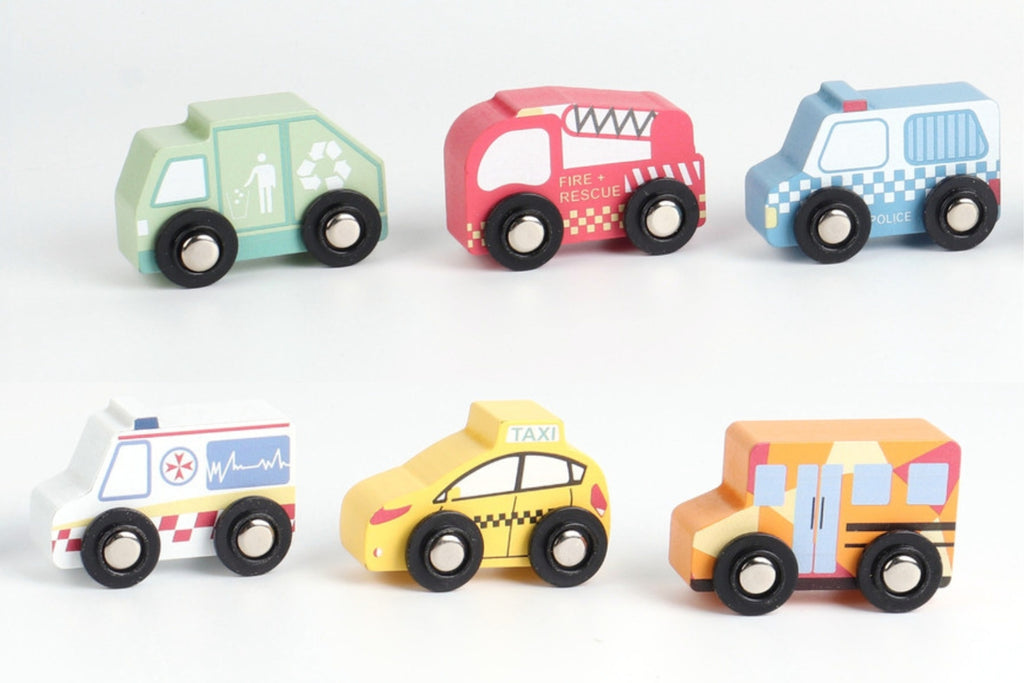 Kaper Kidz Emergency and Service Vehicles Set Six Mini Wooden Vehicles Playset Inspired by Australian Streets