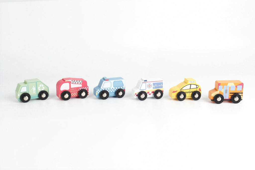 Kaper Kidz Emergency and Service Vehicles Set Six Mini Wooden Vehicles Playset Inspired by Australian Streets