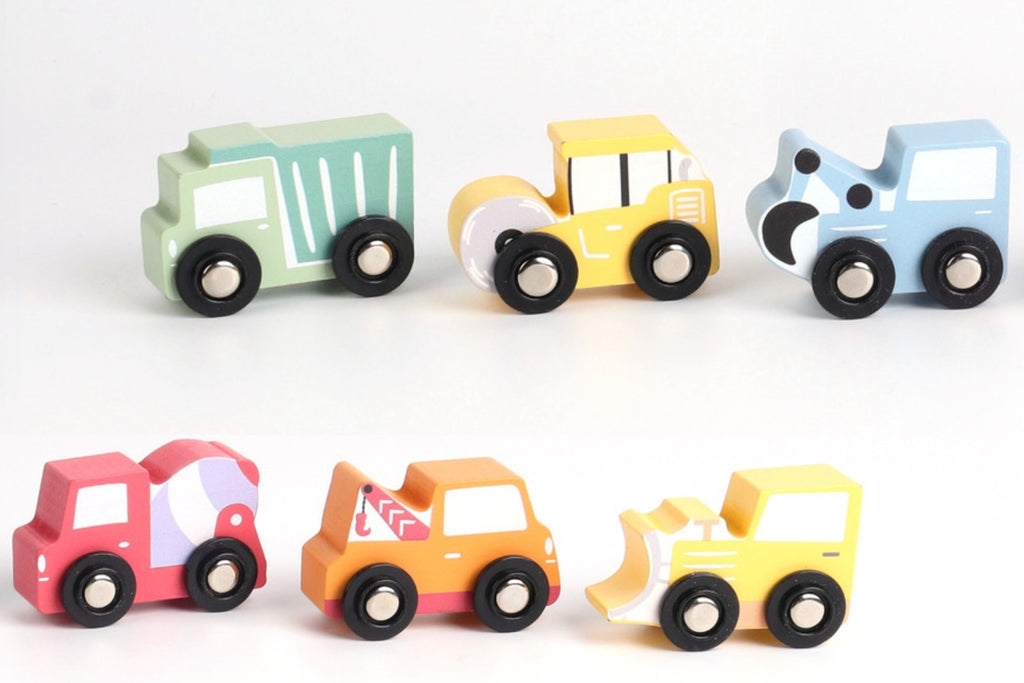 Little Constructors Wooden Six Vehicle Set With Dump Truck Road Roller Digger Cement Mixer Excavator Plow Kaper Kidz